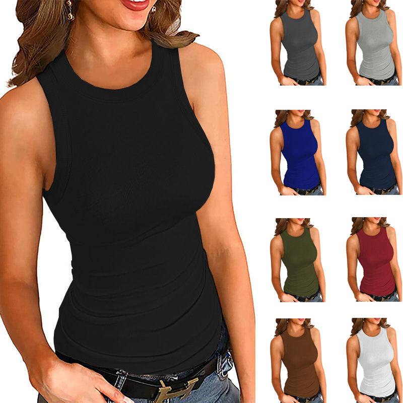 Tank Top Ribbed - สินค้าใหม่ฤดูใบไม้ผลิและฤดูร้อนข้ามพรมแดน เสื้อกล้ามคอกลมพิมพ์ลายสีพื้นสไตล์ยุโรปและอเมริกา พร้อมซับในแบบริบ