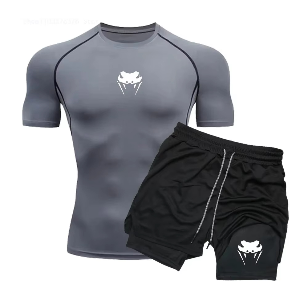Compression Shorts Athletes - ชุดออกกำลังกายผู้ชายแบบรัดรูป - เสื้อยืดแขนสั้นแห้งเร็วลายอนิเมะ กางเกงขาสั้นสองชั้น ชุดออกกำลังกายวิ่งสำหรับฤดูร้อน