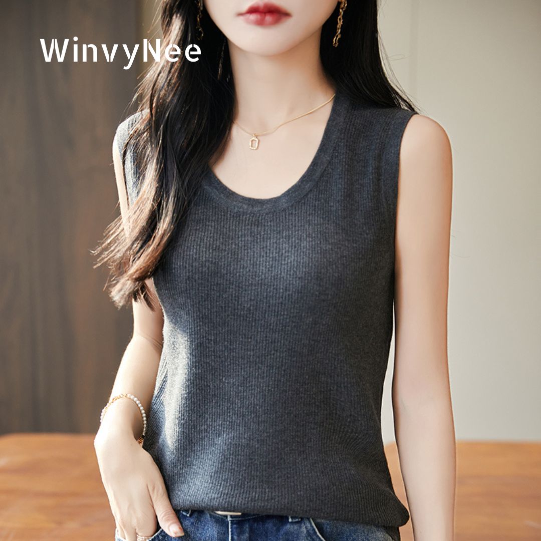Tank Top Ribbed - WinvyNee เสื้อกล้ามผู้หญิงคอกลมลึก ผ้าวูล ริบบ์ ทรงเข้ารูป สำหรับฤดูใบไม้ผลิและฤดูใบไม้ร่วง