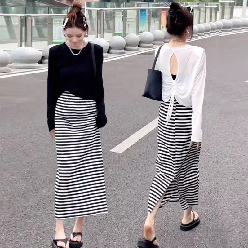 Base Layer Top - เสื้อยืดแขนยาวลายทางสำหรับฤดูใบไม้ผลิและฤดูใบไม้ร่วง ป้องกันแสงแดด ทรงหลวม เหมาะสำหรับคนตัวเล็ก ชุดแฟชั่นทันสมัย