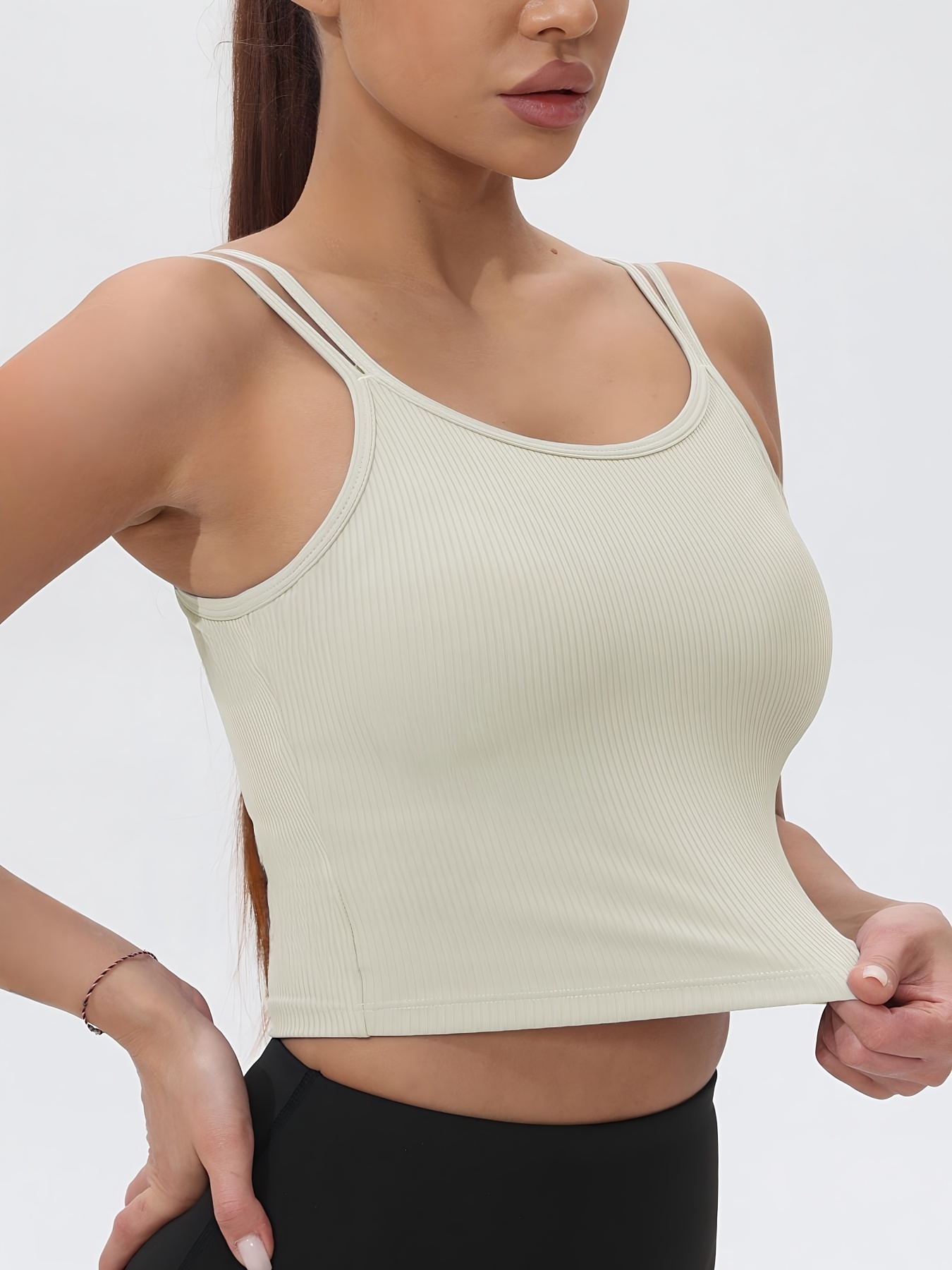 Tank Top Ribbed - เสื้อกล้ามกีฬาครอปแขนกุดแบบซี่โครงสําหรับผู้หญิง Fitfemme พร้อมแผ่นรองบราในตัว
